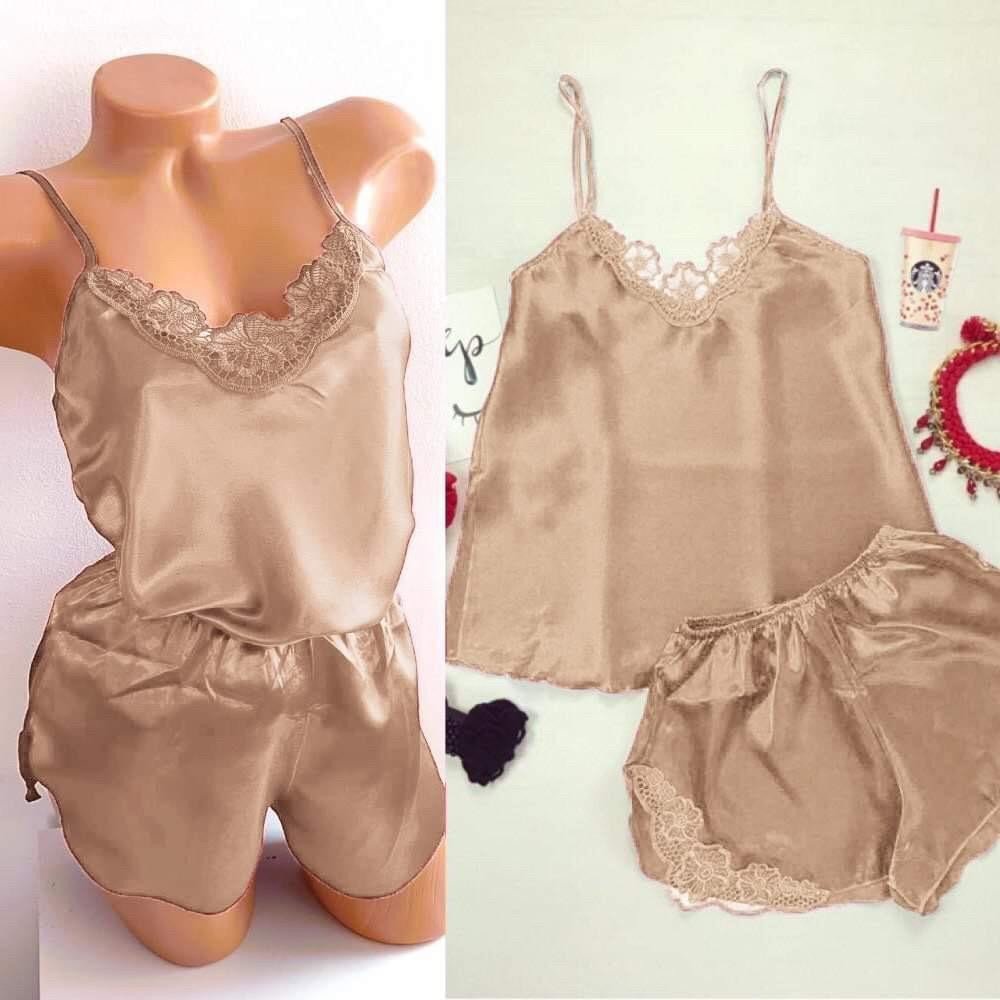 Compleu dama pijama crem sexy din material fin satin, reducere mare