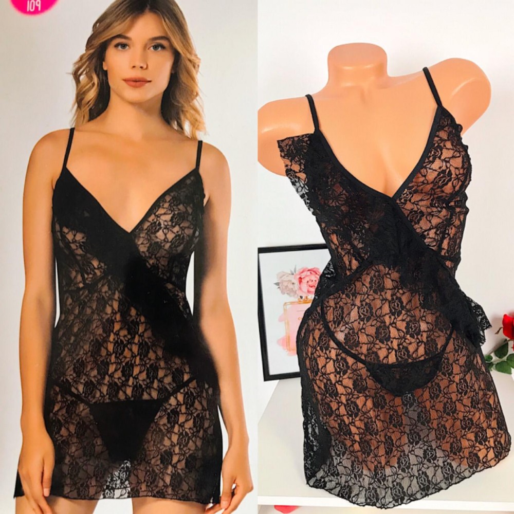Pijama dama neagra sexy cu lenjerie inclusa, reducere mare