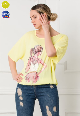 Bluza LaDonna din voal galben pal cu imagine imprimata pe fata, reducere mare