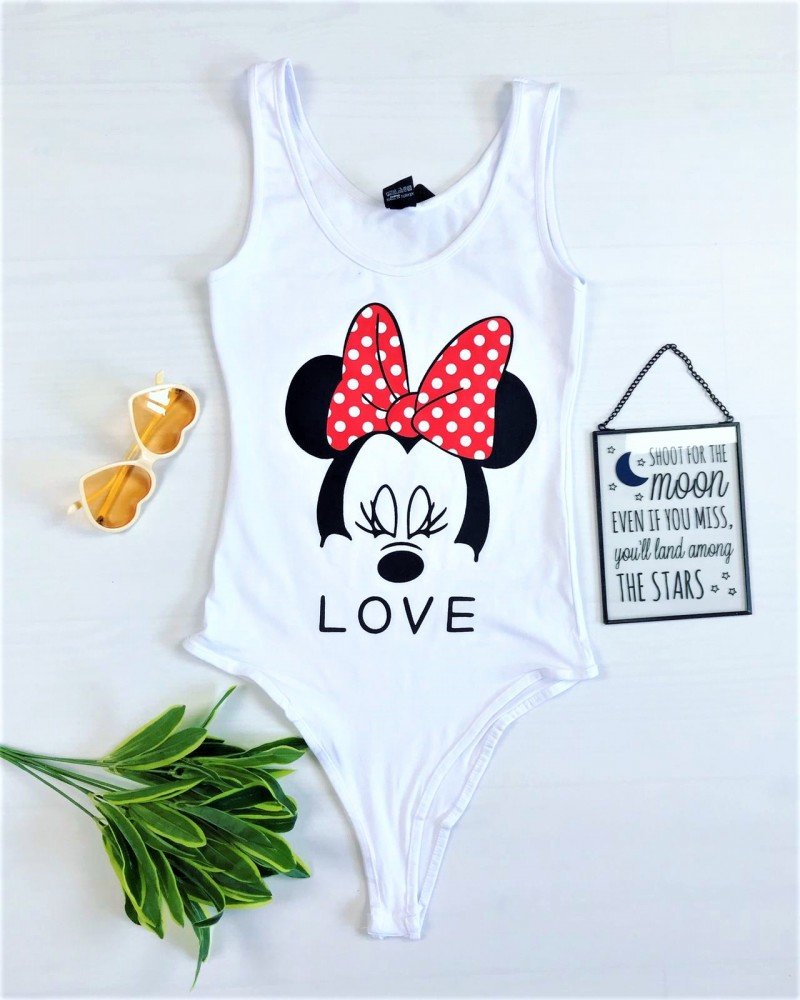 Body dama alb casual cu imprimeu Mickey din bumbac, reducere mare
