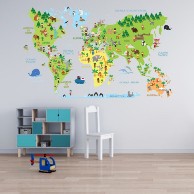 Sticker perete World Map Animals, reducere mare