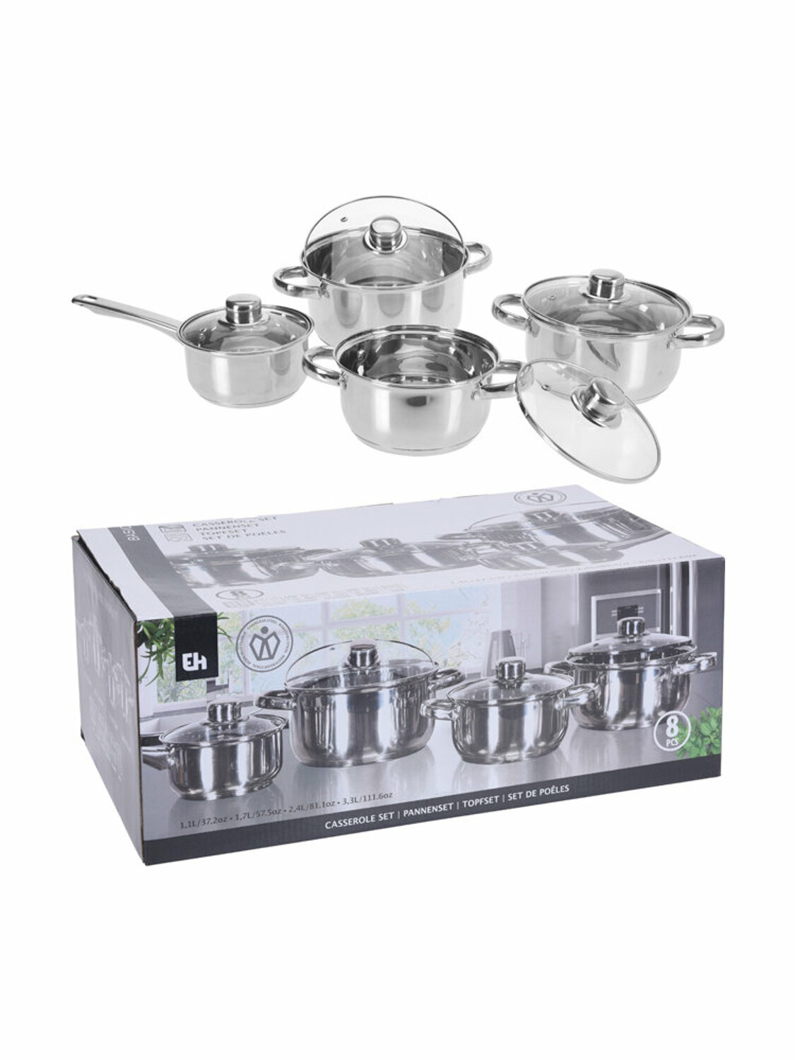 Set cratite Excellent Houseware, 8 piese, 4 cratite si 4 capace, CC3200010, 41.5 x 24.5 x 16 cm, otel inoxidabil, Gri, reducere mare