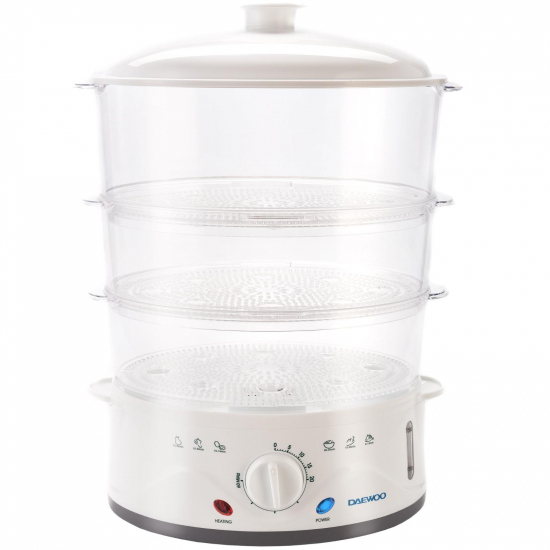 Aparat de gatit cu aburi Daewoo DFS900W, 900 W, 3 cosuri, 8.5 l, timer 60 min, design ergonomic, Alb, reducere mare