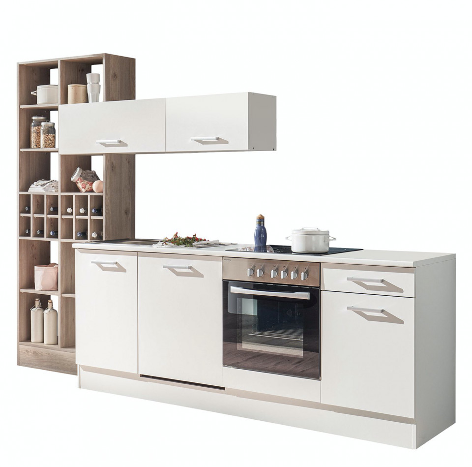 Bucatarie Casais (8-piese) fara electrocasnice PAL, alb/maro, 302 x 211 x 60 cm, reducere mare