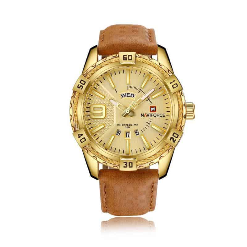 Ceas Naviforce barbatesc Gold mecanism Quartz curea din piele maro rezistent la apa, reducere mare