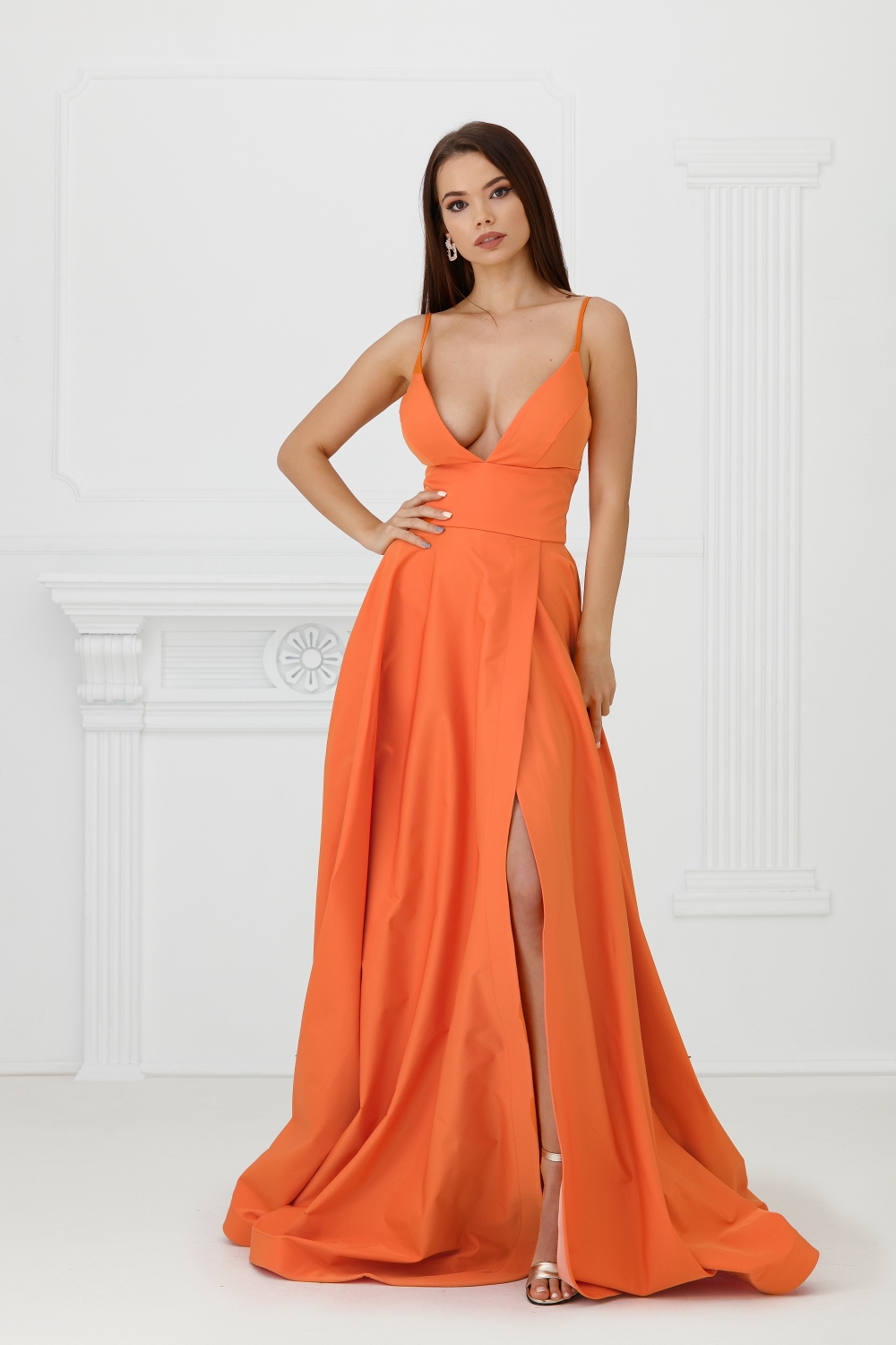 Rochie lunga tafta portocalie cu despicatura Rn 2378p, reducere mare
