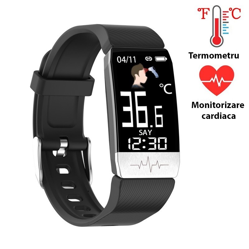 BRATARA SMART BLUETOOTH CU TERMOMETRU, 15 FUNCTII - TEMPERATURA, TENSIUNE, NIVEL OXIGEN, HANDSFREE, APLICATIE IOS SI ANDROID, reducere mare